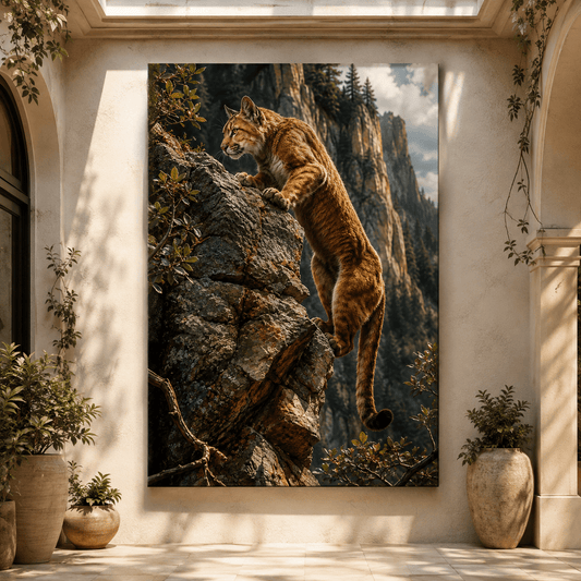 Mountain Cougar on Cliffside Wrapped Canvas Wall Art – Dramatic Wildlife Photography Print - ART OF ROYALS