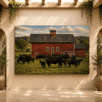 Red Barn with Black Angus Cattle Wrapped Canvas Wall Art – Classic American Farm Print - ART OF ROYALS