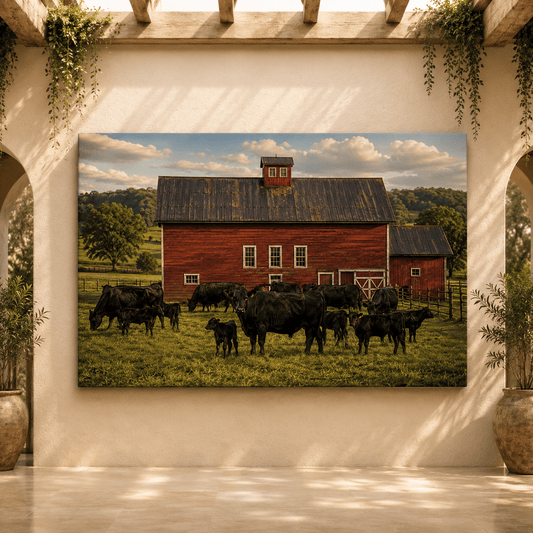 Red Barn with Black Angus Cattle Wrapped Canvas Wall Art – Classic American Farm Print - ART OF ROYALS