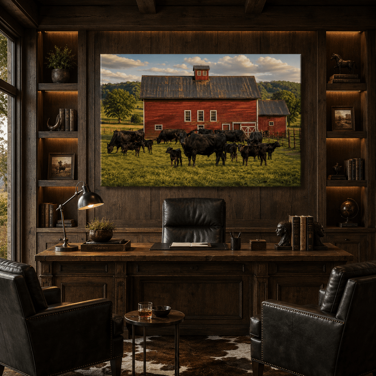 Red Barn with Black Angus Cattle Wrapped Canvas Wall Art – Classic American Farm Print - ART OF ROYALS