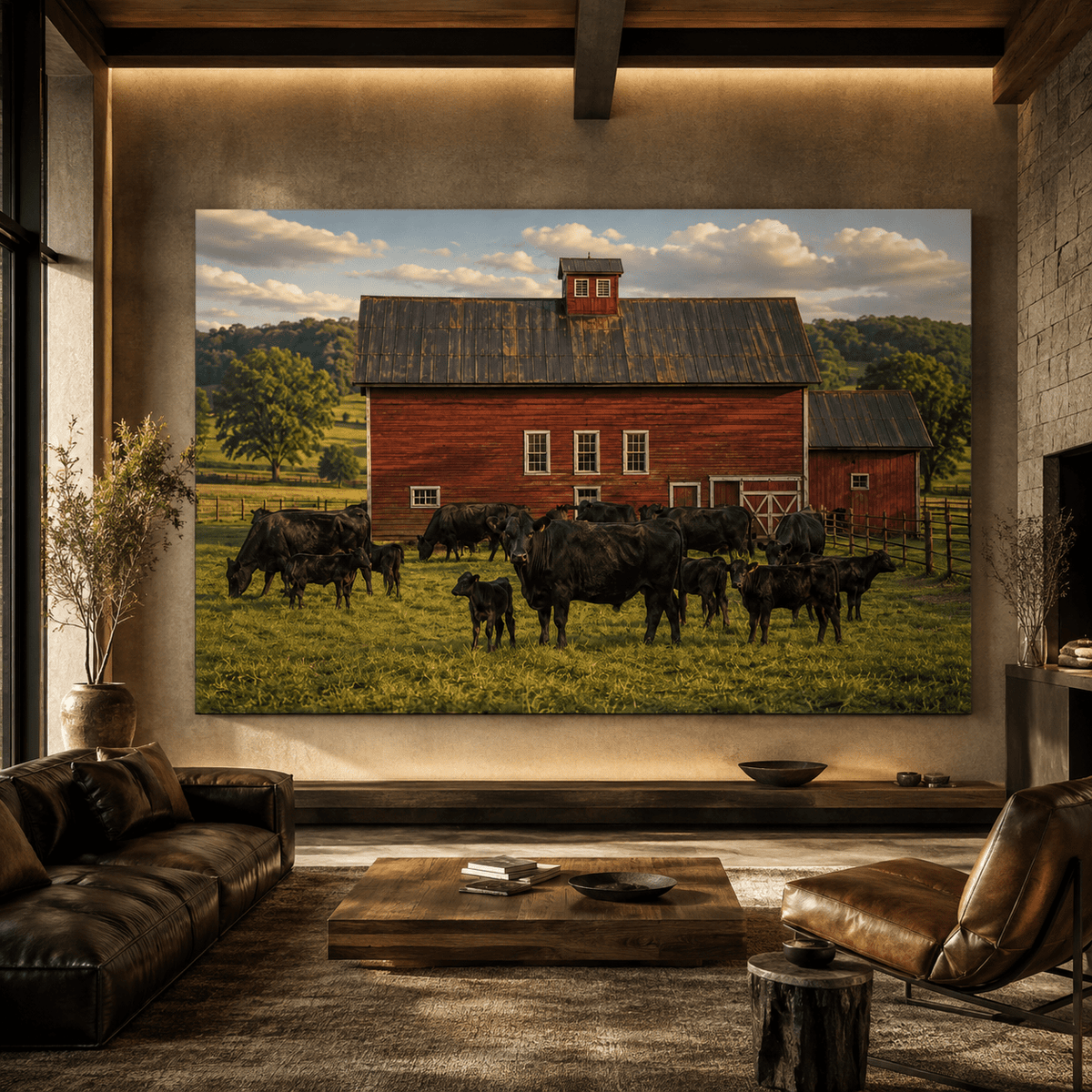 Red Barn with Black Angus Cattle Wrapped Canvas Wall Art – Classic American Farm Print - ART OF ROYALS