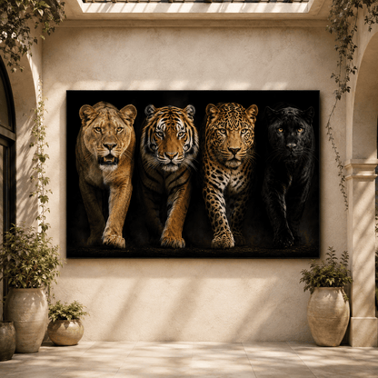 Big Cats Quartet Wrapped Canvas Wall Art – Dramatic Wildlife Studio Portrait Print - ART OF ROYALS
