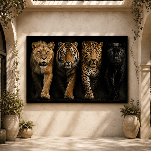 Big Cats Quartet Wrapped Canvas Wall Art – Dramatic Wildlife Studio Portrait Print - ART OF ROYALS