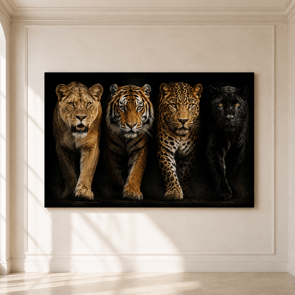 Big Cats Quartet Wrapped Canvas Wall Art – Dramatic Wildlife Studio Portrait Print - ART OF ROYALS
