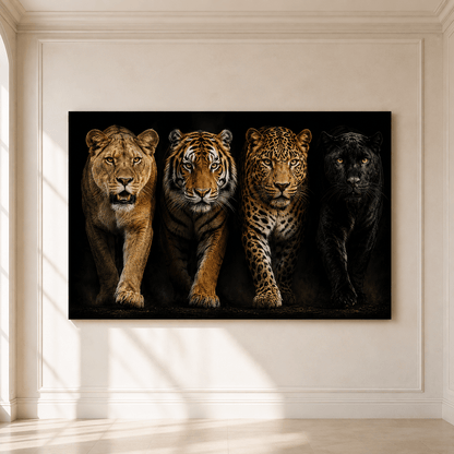Big Cats Quartet Wrapped Canvas Wall Art – Dramatic Wildlife Studio Portrait Print - ART OF ROYALS