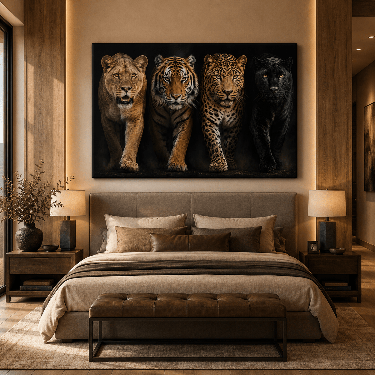 Big Cats Quartet Wrapped Canvas Wall Art – Dramatic Wildlife Studio Portrait Print - ART OF ROYALS