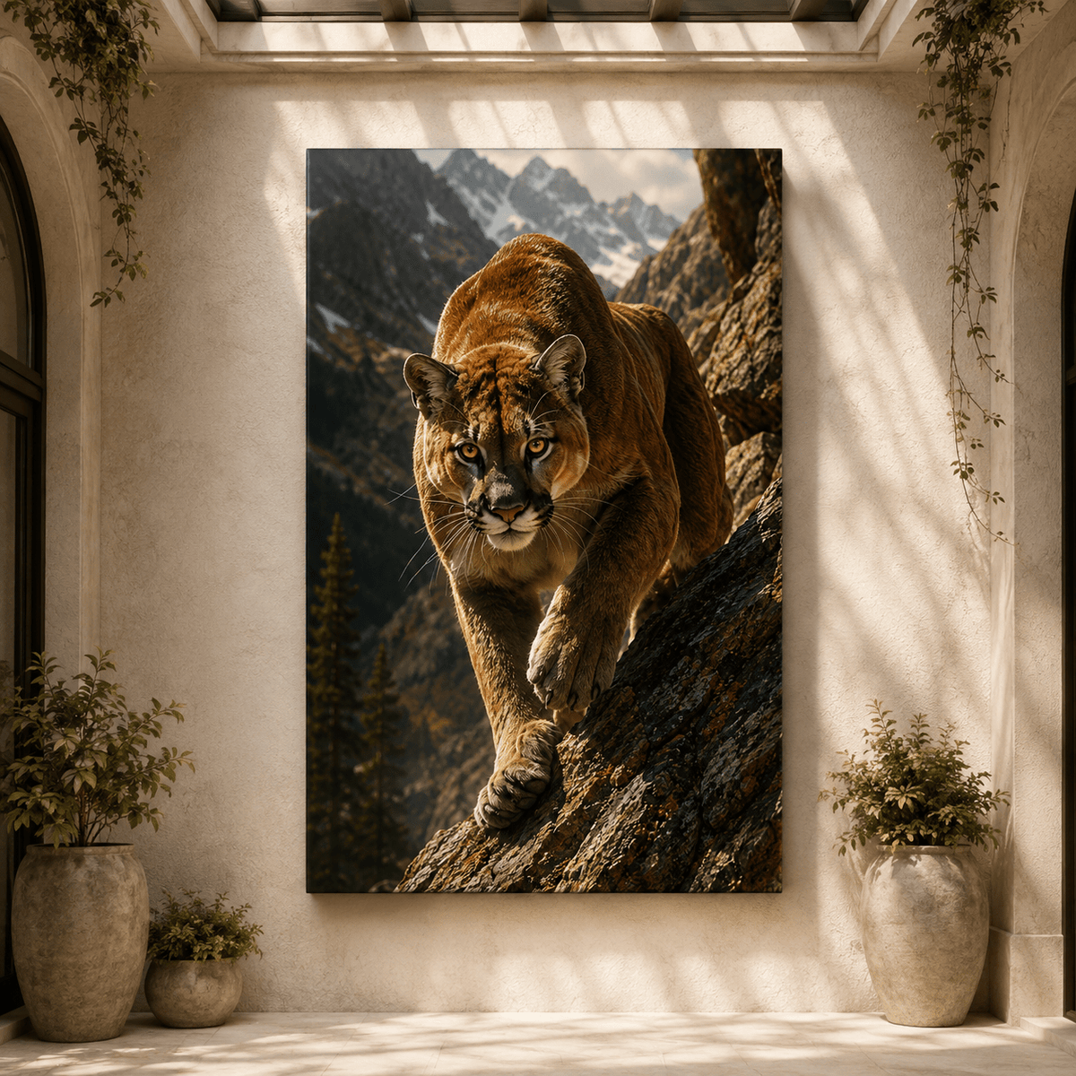 Prowling Mountain Cougar Wrapped Canvas Wall Art – Alpine Wildlife Photography Print - ART OF ROYALS