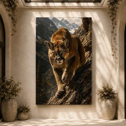 Prowling Mountain Cougar Wrapped Canvas Wall Art – Alpine Wildlife Photography Print - ART OF ROYALS