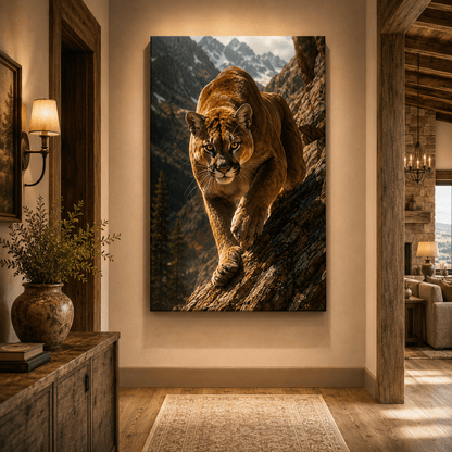 Prowling Mountain Cougar Wrapped Canvas Wall Art – Alpine Wildlife Photography Print - ART OF ROYALS