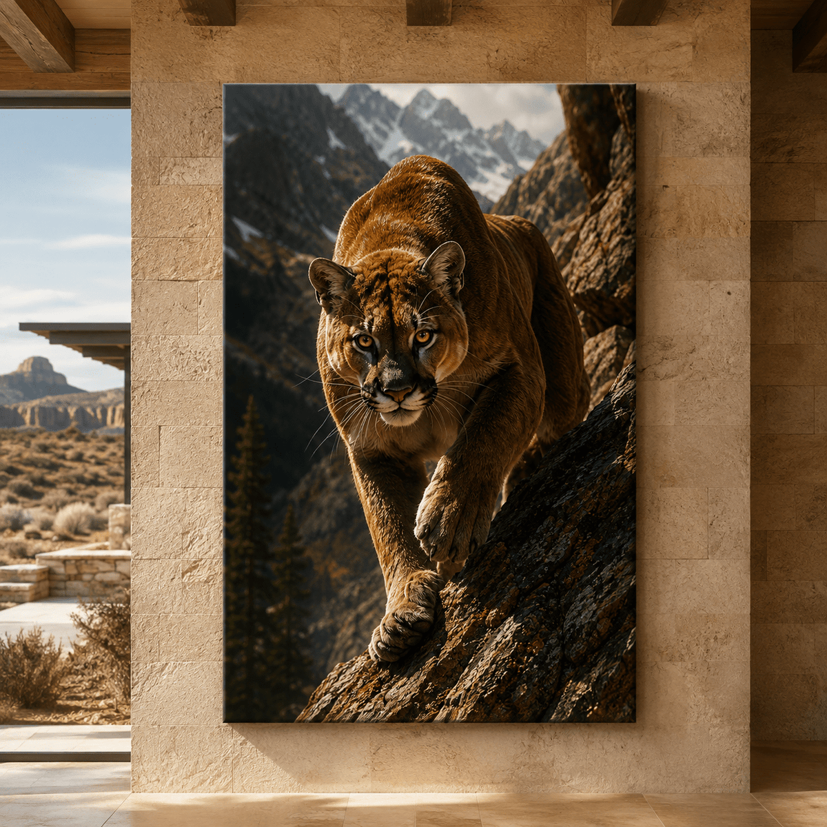 Prowling Mountain Cougar Wrapped Canvas Wall Art – Alpine Wildlife Photography Print - ART OF ROYALS