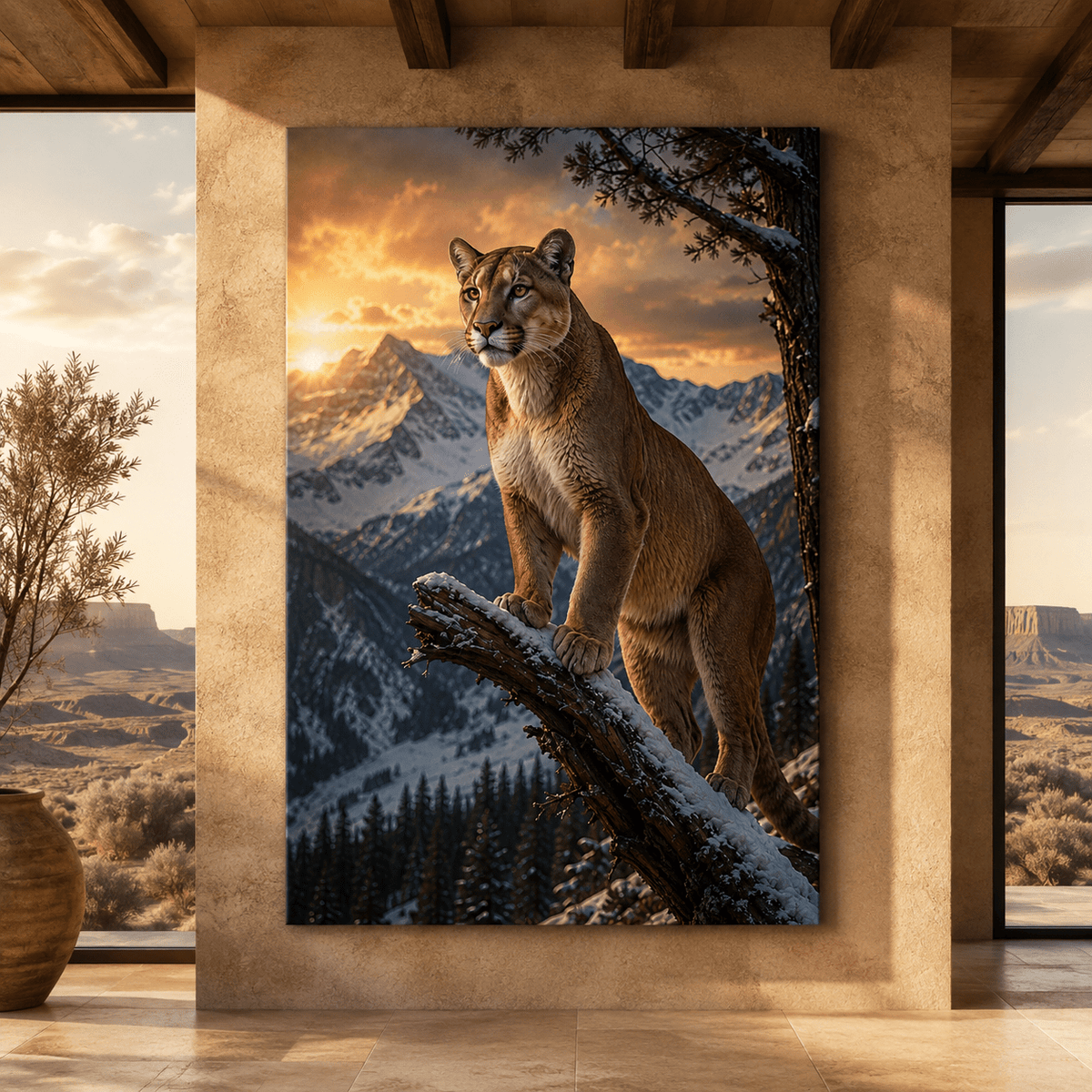 Cougar at Sunset Wrapped Canvas Wall Art – Majestic Snowy Mountain Wildlife Print - ART OF ROYALS