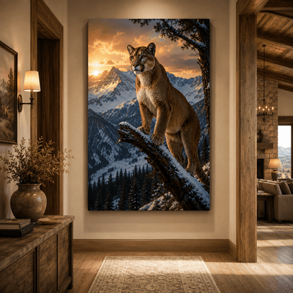 Cougar at Sunset Wrapped Canvas Wall Art – Majestic Snowy Mountain Wildlife Print - ART OF ROYALS