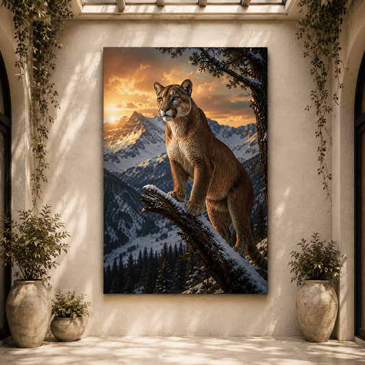 Cougar at Sunset Wrapped Canvas Wall Art – Majestic Snowy Mountain Wildlife Print - ART OF ROYALS