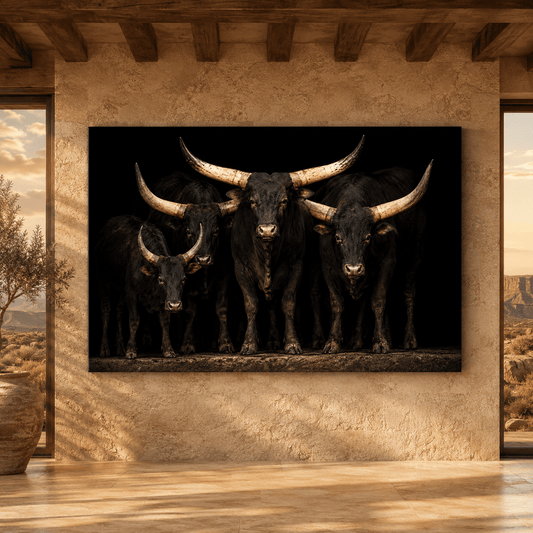 Dramatic Longhorn Herd Wrapped Canvas Wall Art – Bold Studio Cattle Portrait Print - ART OF ROYALS