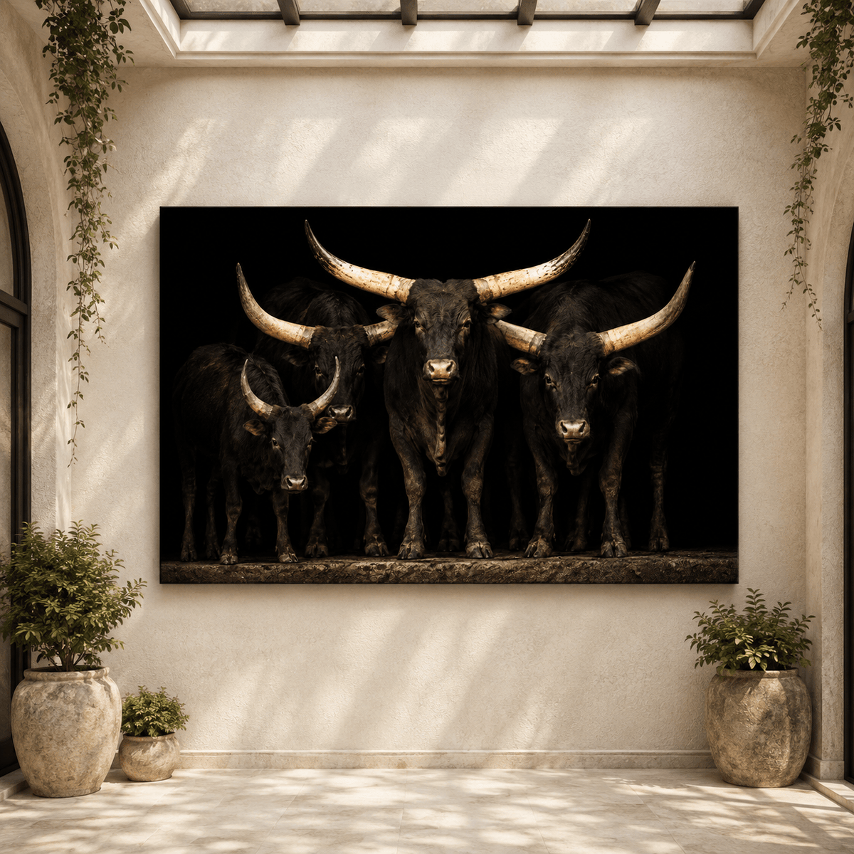 Dramatic Longhorn Herd Wrapped Canvas Wall Art – Bold Studio Cattle Portrait Print - ART OF ROYALS