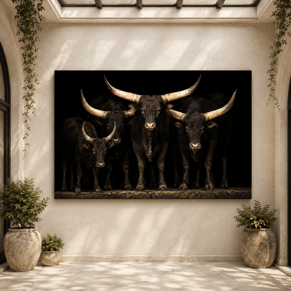 Dramatic Longhorn Herd Wrapped Canvas Wall Art – Bold Studio Cattle Portrait Print - ART OF ROYALS