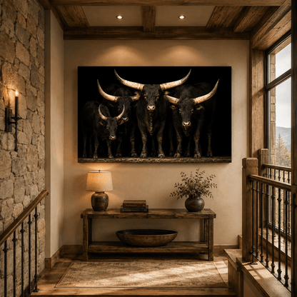 Dramatic Longhorn Herd Wrapped Canvas Wall Art – Bold Studio Cattle Portrait Print - ART OF ROYALS