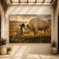 Native American Woman with White Buffalo Wrapped Canvas Wall Art – Sacred Western Oil Painting Print