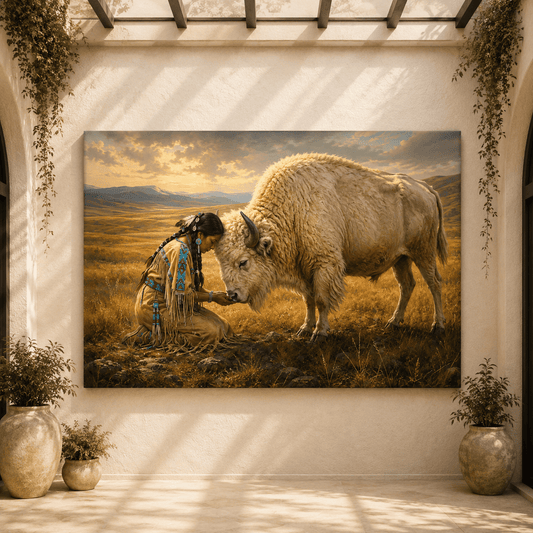 Native American Woman with White Buffalo Wrapped Canvas Wall Art – Sacred Western Oil Painting Print - ART OF ROYALS
