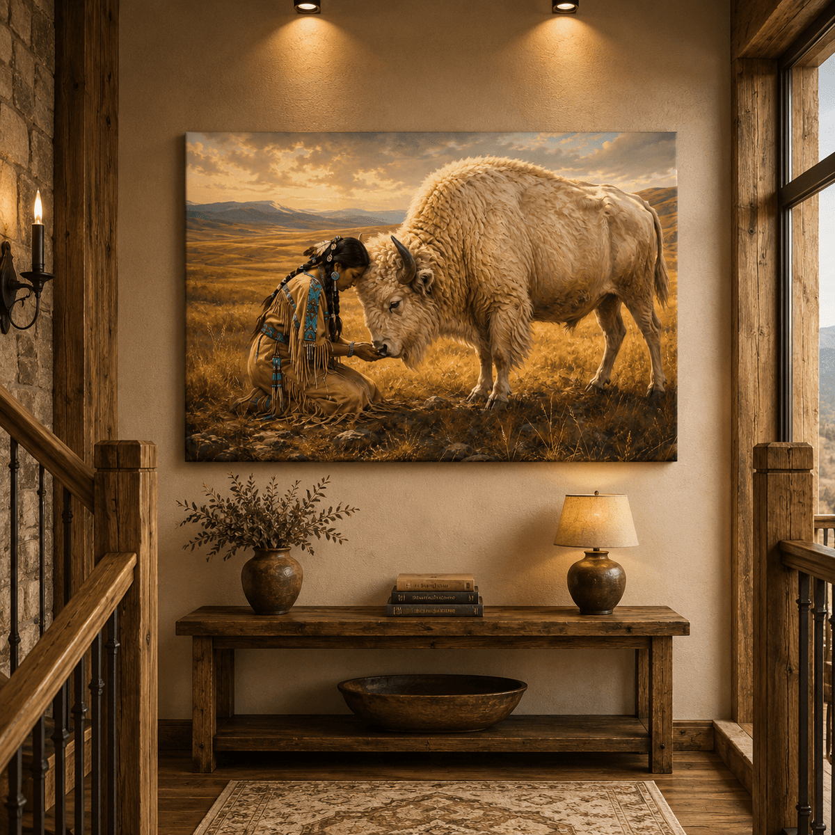 Native American Woman with White Buffalo Wrapped Canvas Wall Art – Sacred Western Oil Painting Print - ART OF ROYALS