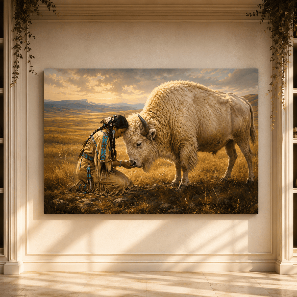Native American Woman with White Buffalo Wrapped Canvas Wall Art – Sacred Western Oil Painting Print - ART OF ROYALS