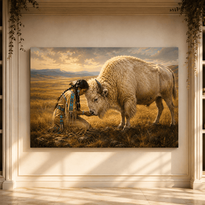 Native American Woman with White Buffalo Wrapped Canvas Wall Art – Sacred Western Oil Painting Print - ART OF ROYALS