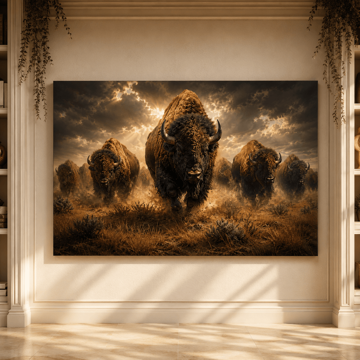 Stampeding Bison Herd Wrapped Canvas Wall Art – Epic American Buffalo Photography Print - ART OF ROYALS