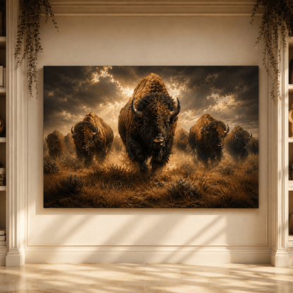Stampeding Bison Herd Wrapped Canvas Wall Art – Epic American Buffalo Photography Print - ART OF ROYALS