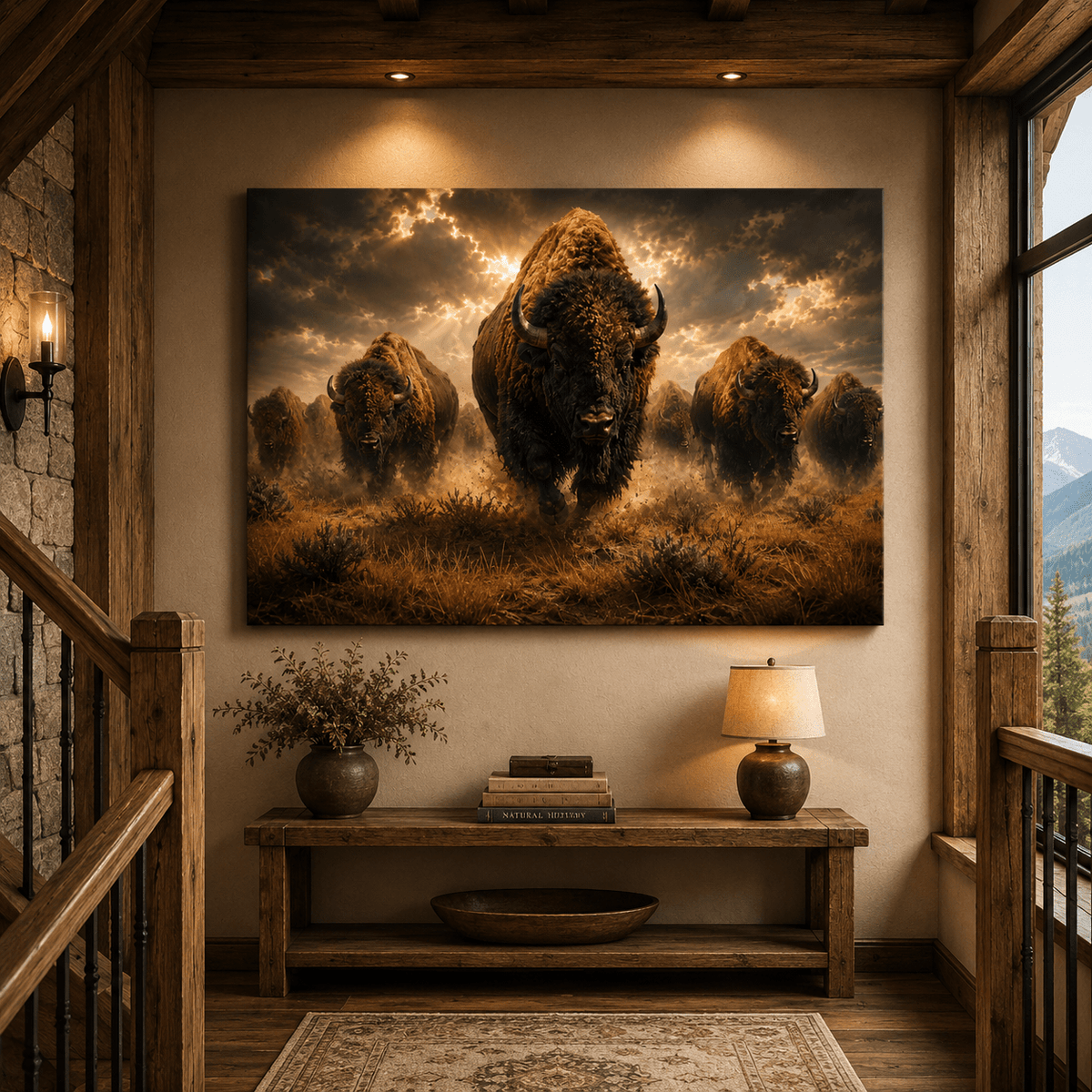 Stampeding Bison Herd Wrapped Canvas Wall Art – Epic American Buffalo Photography Print - ART OF ROYALS