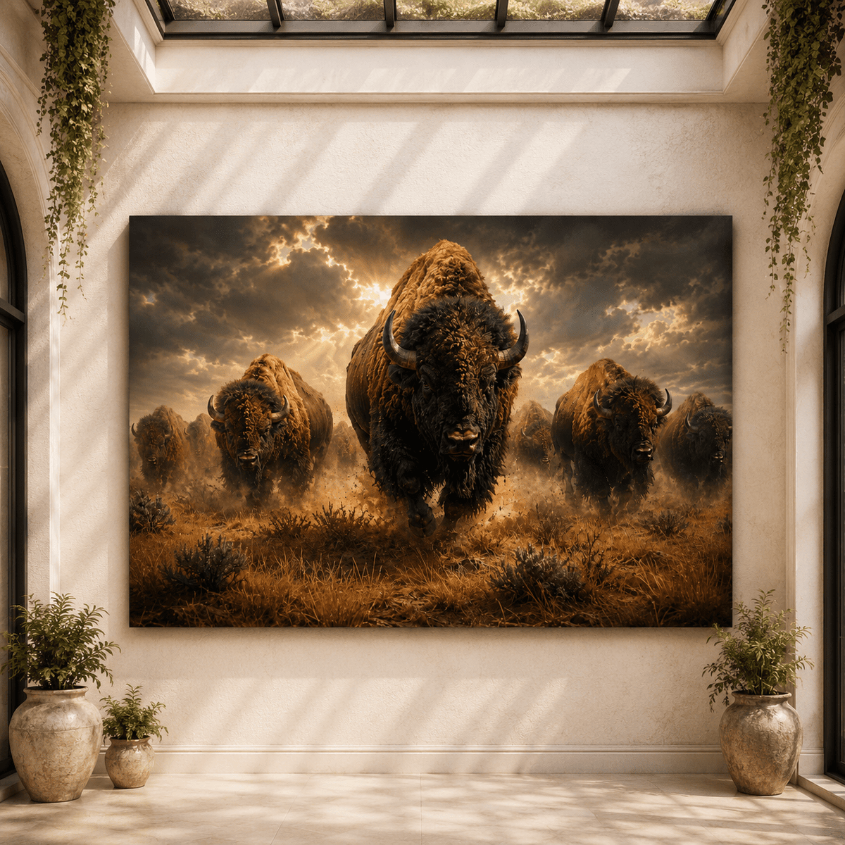 Stampeding Bison Herd Wrapped Canvas Wall Art – Epic American Buffalo Photography Print - ART OF ROYALS