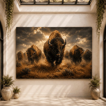 Stampeding Bison Herd Wrapped Canvas Wall Art – Epic American Buffalo Photography Print - ART OF ROYALS
