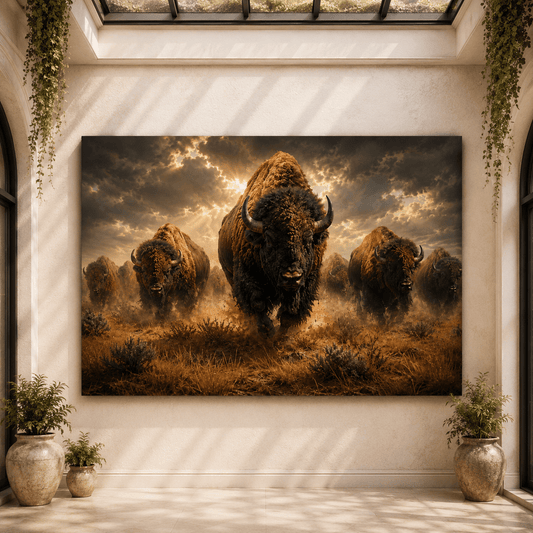 Stampeding Bison Herd Wrapped Canvas Wall Art – Epic American Buffalo Photography Print - ART OF ROYALS