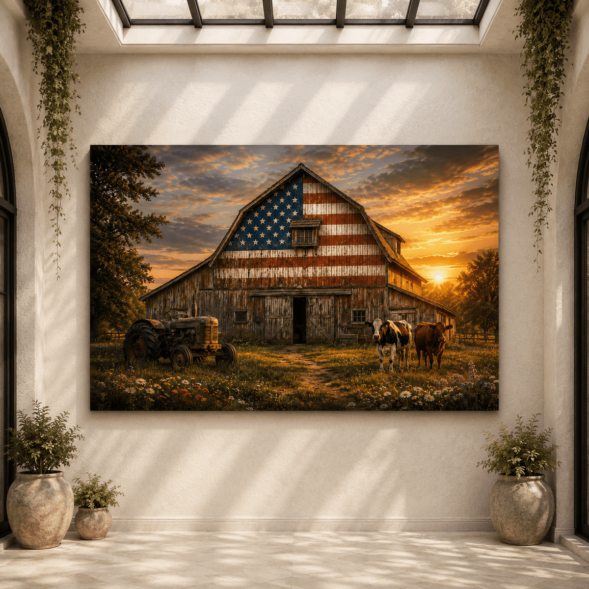 Patriotic American Flag Barn Wrapped Canvas Wall Art – Rustic Farmhouse Sunset Print - ART OF ROYALS