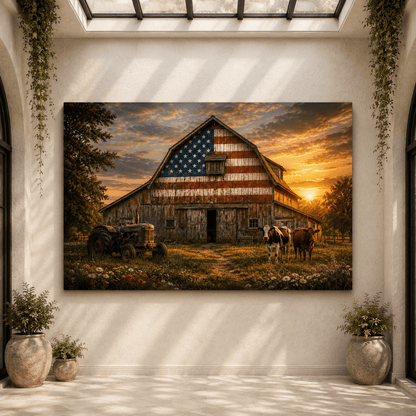 Patriotic American Flag Barn Wrapped Canvas Wall Art – Rustic Farmhouse Sunset Print - ART OF ROYALS