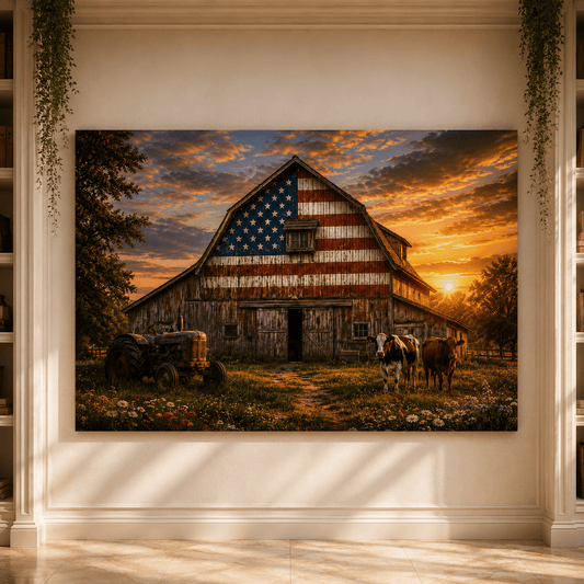 Patriotic American Flag Barn Wrapped Canvas Wall Art – Rustic Farmhouse Sunset Print - ART OF ROYALS