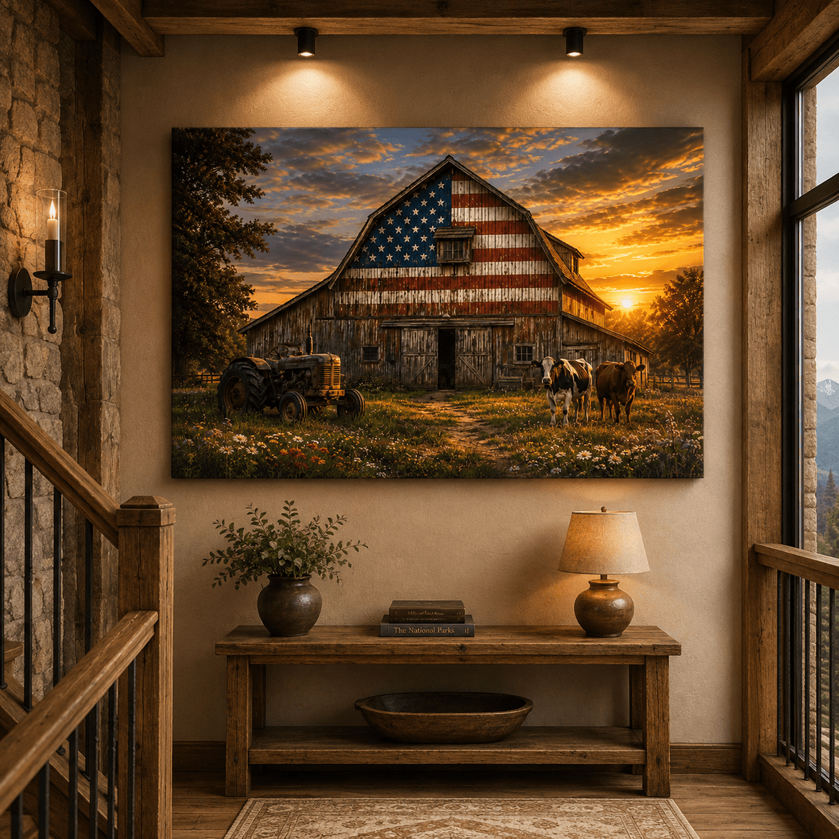 Patriotic American Flag Barn Wrapped Canvas Wall Art – Rustic Farmhouse Sunset Print - ART OF ROYALS
