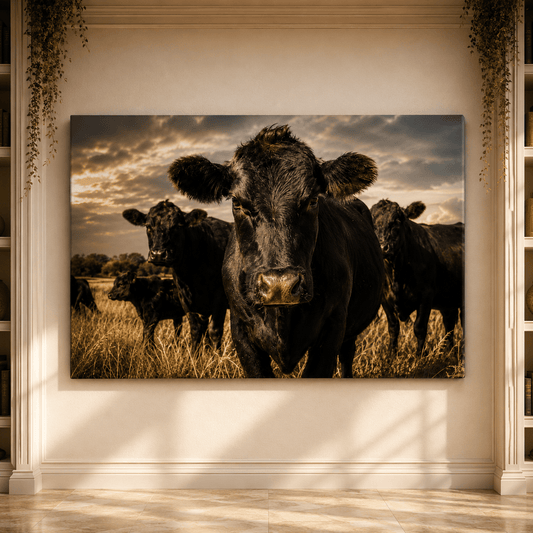 Close-Up Black Angus Cow Wrapped Canvas Wall Art – Golden Hour Ranch Photography Print - ART OF ROYALS