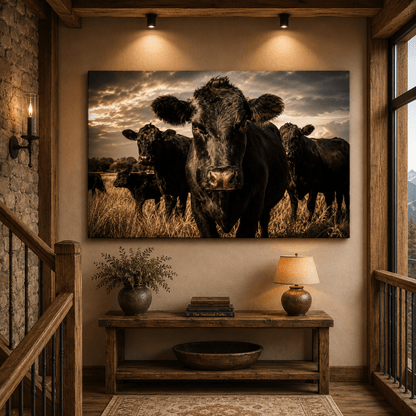Close-Up Black Angus Cow Wrapped Canvas Wall Art – Golden Hour Ranch Photography Print - ART OF ROYALS
