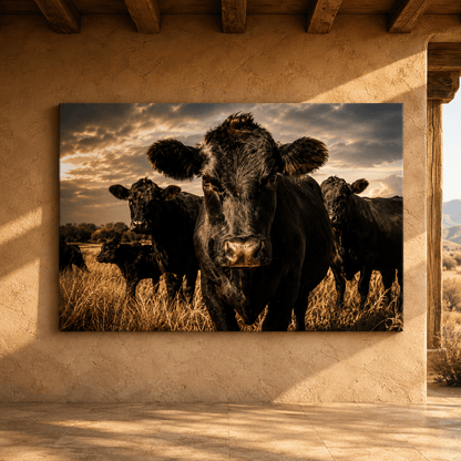 Close-Up Black Angus Cow Wrapped Canvas Wall Art – Golden Hour Ranch Photography Print - ART OF ROYALS