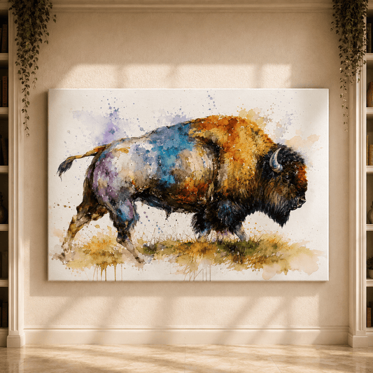 Watercolor Bison Wrapped Canvas Wall Art – Colorful Contemporary Wildlife Painting Print - ART OF ROYALS