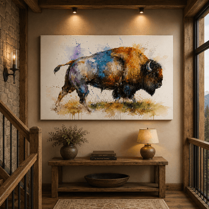 Watercolor Bison Wrapped Canvas Wall Art – Colorful Contemporary Wildlife Painting Print - ART OF ROYALS
