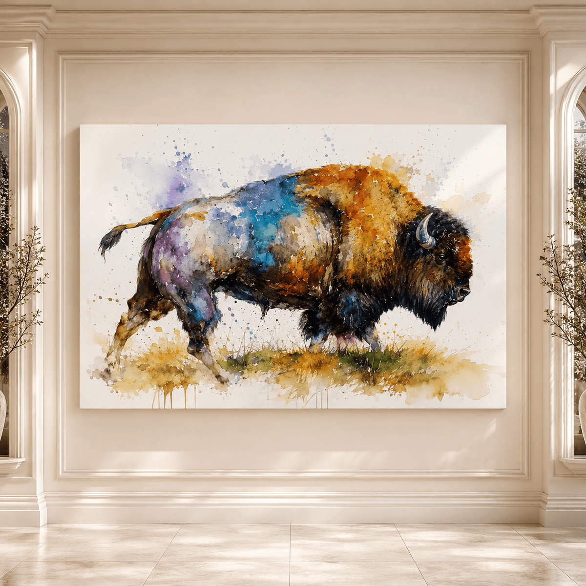 Watercolor Bison Wrapped Canvas Wall Art – Colorful Contemporary Wildlife Painting Print - ART OF ROYALS
