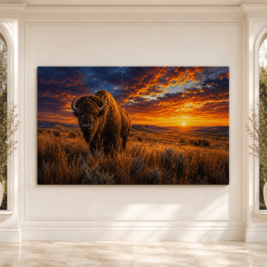 Bison at Fiery Sunset Wrapped Canvas Wall Art – Epic Prairie Wildlife Photography Print - ART OF ROYALS