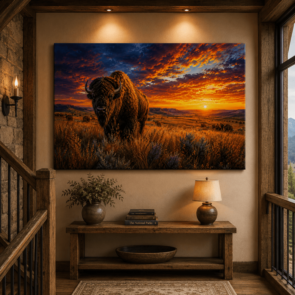 Bison at Fiery Sunset Wrapped Canvas Wall Art – Epic Prairie Wildlife Photography Print - ART OF ROYALS