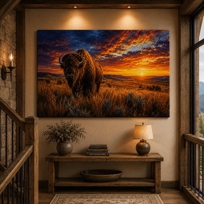 Bison at Fiery Sunset Wrapped Canvas Wall Art – Epic Prairie Wildlife Photography Print - ART OF ROYALS