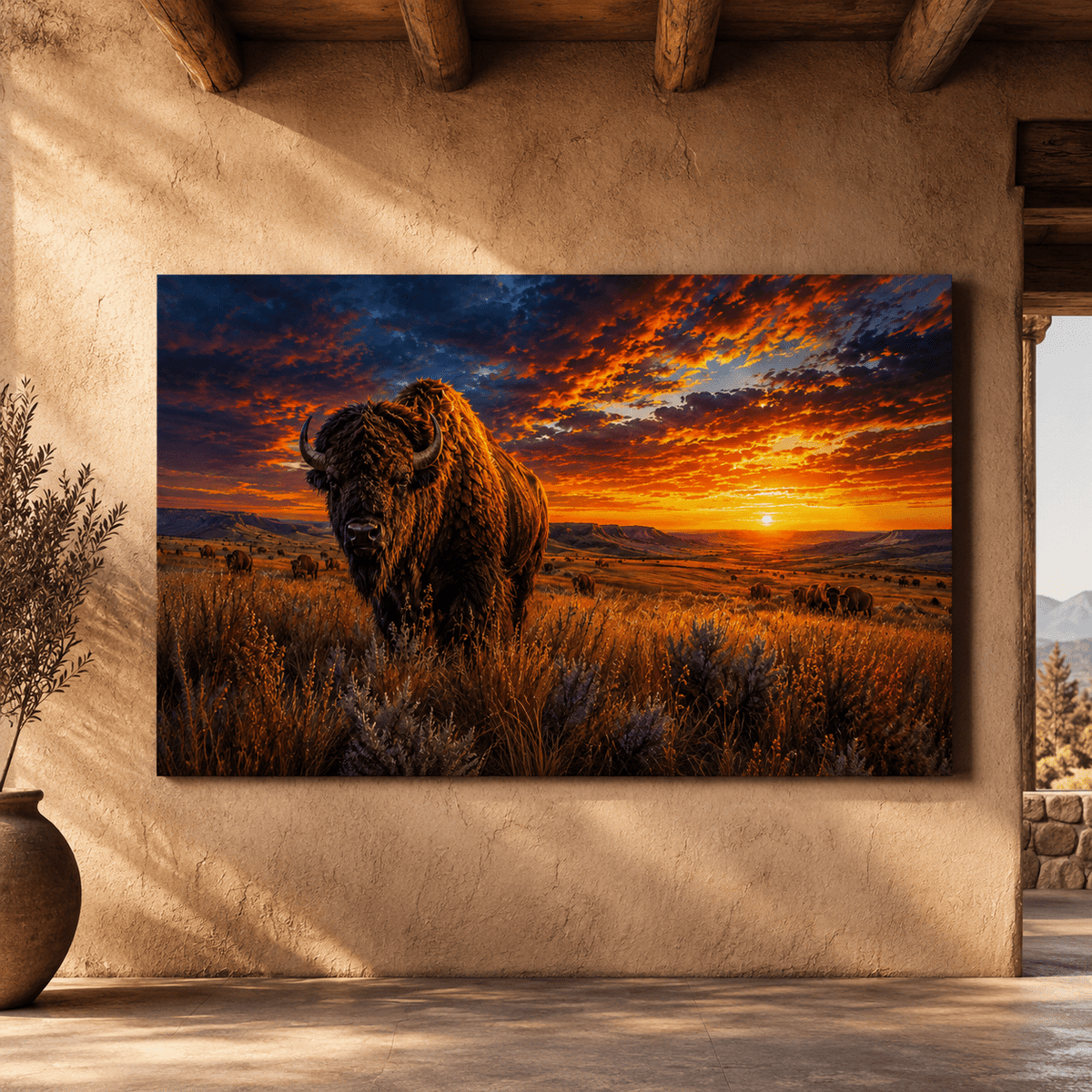 Bison at Fiery Sunset Wrapped Canvas Wall Art – Epic Prairie Wildlife Photography Print - ART OF ROYALS