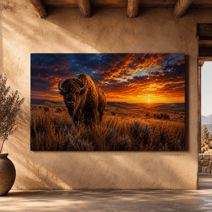 Bison at Fiery Sunset Wrapped Canvas Wall Art – Epic Prairie Wildlife Photography Print - ART OF ROYALS