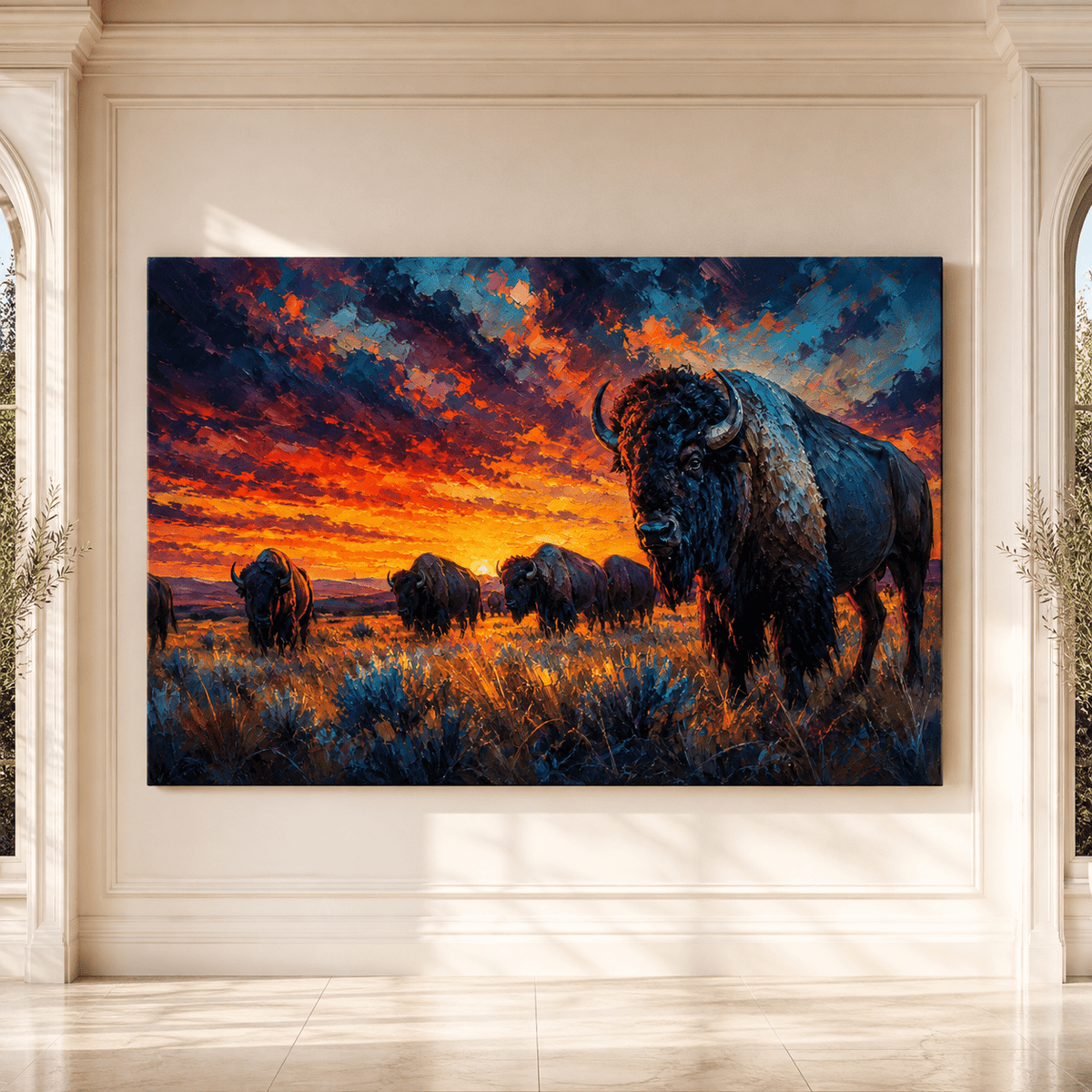 Impasto Bison Herd at Sunset Wrapped Canvas Wall Art – Bold Painterly Wildlife Print - ART OF ROYALS