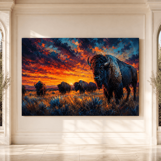 Impasto Bison Herd at Sunset Wrapped Canvas Wall Art – Bold Painterly Wildlife Print - ART OF ROYALS