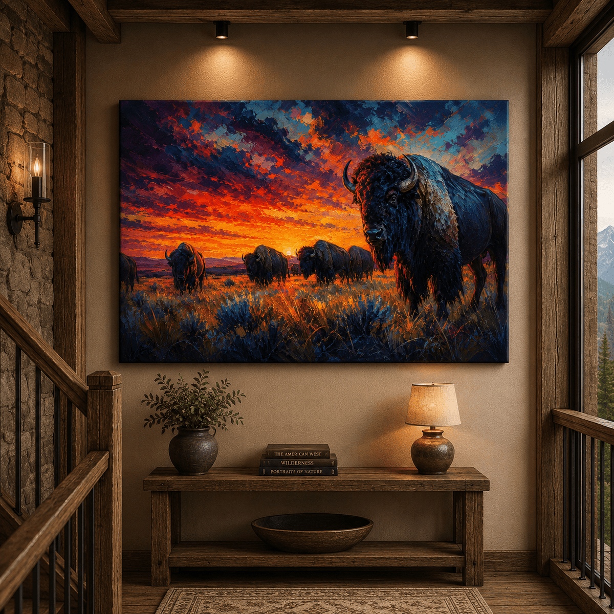 Impasto Bison Herd at Sunset Wrapped Canvas Wall Art – Bold Painterly Wildlife Print - ART OF ROYALS
